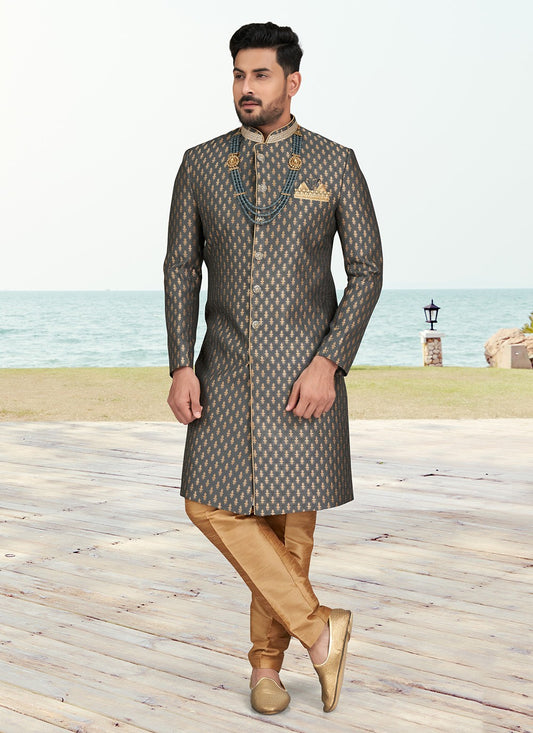 Buttons Banarasi Jacquard Grey Sherwani - M6596
