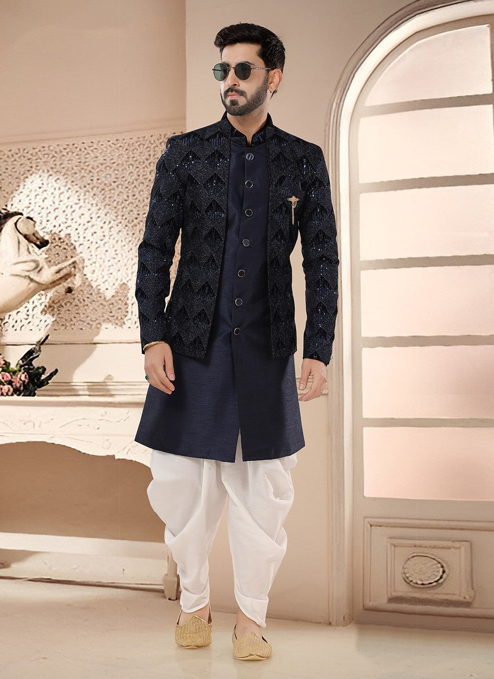 Embroidered Silk Blue Sherwani - M7579