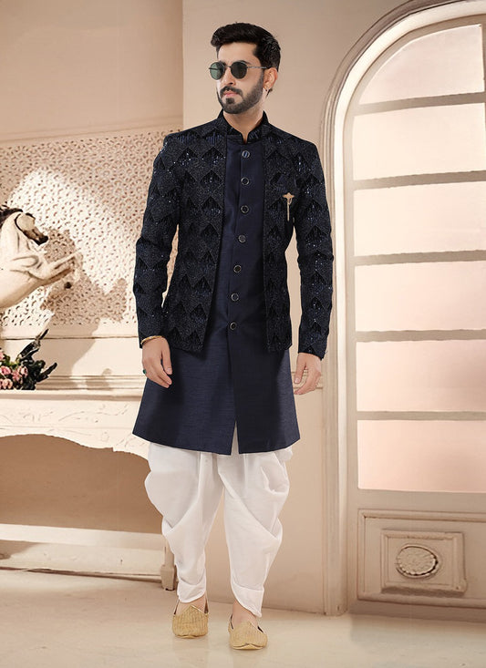 Embroidered Silk Blue Sherwani - M7579