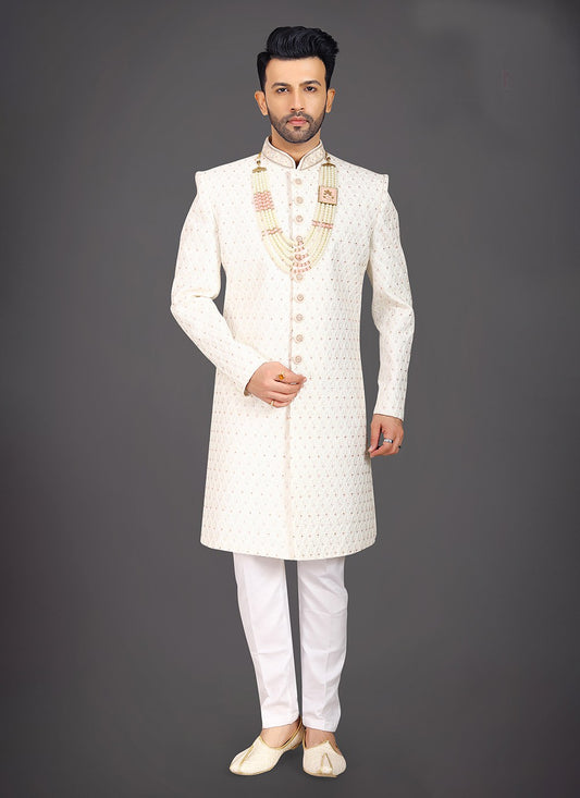 Embroidered Silk Cream Sherwani - M7967