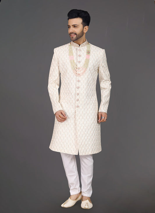 Embroidered Silk Off White Sherwani - M8012