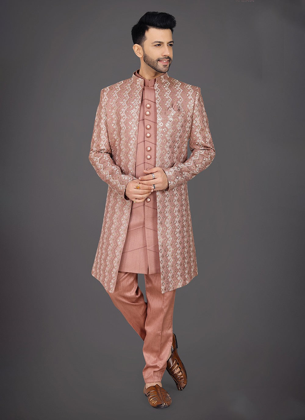 Embroidered Silk Peach Sherwani - M7957