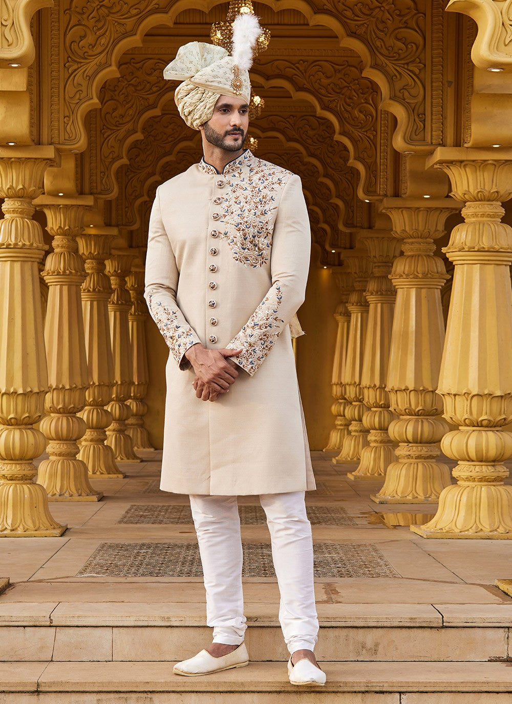 Embroidered Art Silk Cream Sherwani - M6092