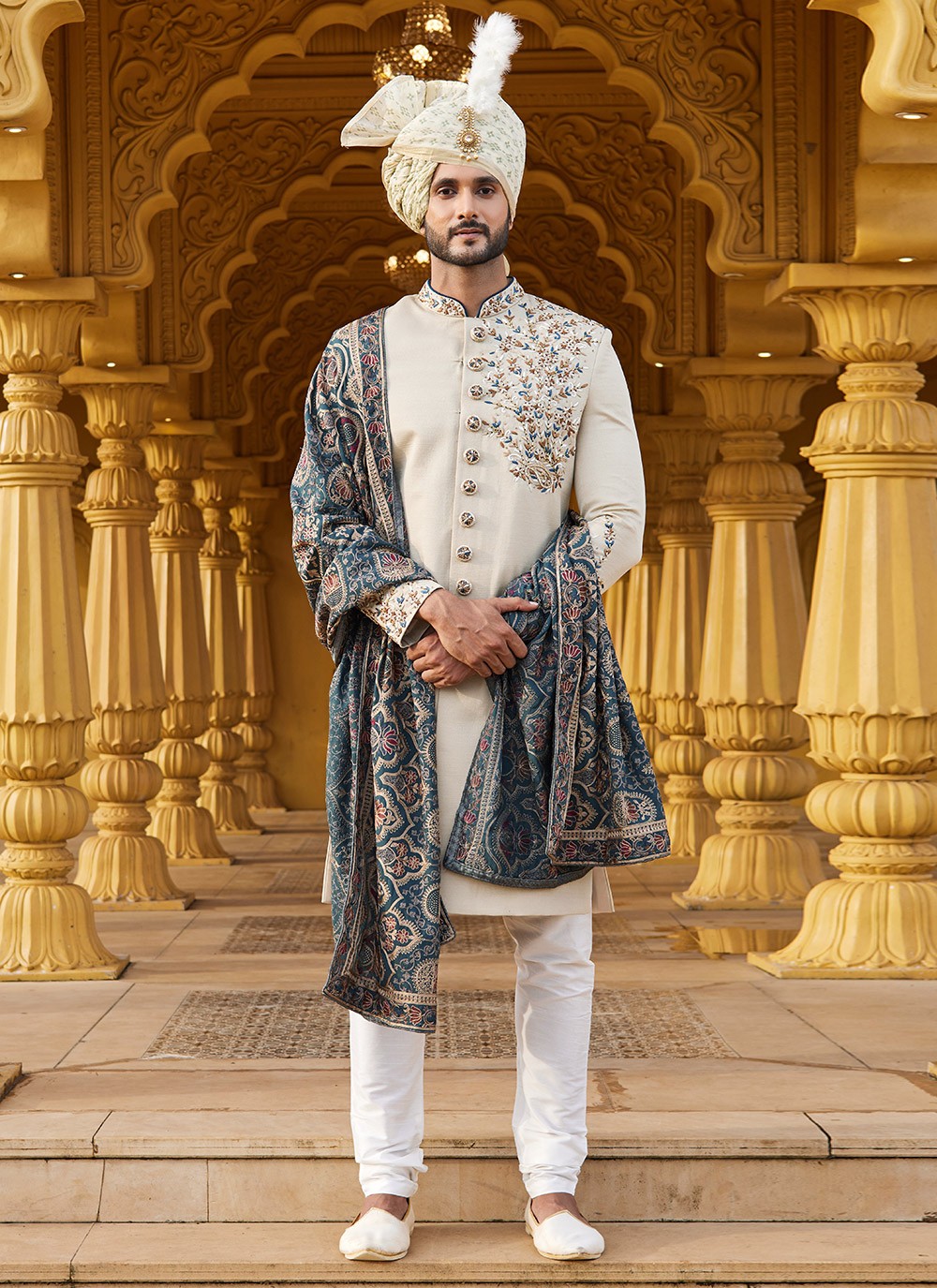 Embroidered Art Silk Cream Sherwani - M6092