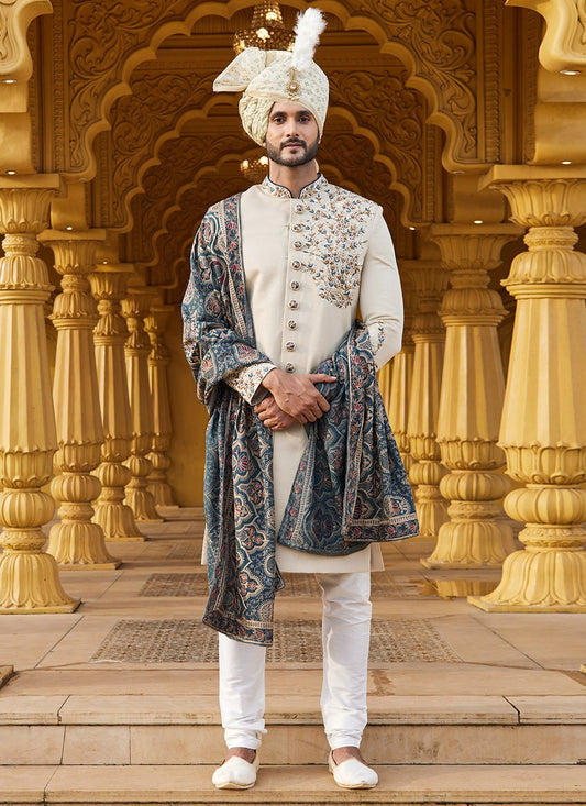 Embroidered Art Silk Cream Sherwani - M6092