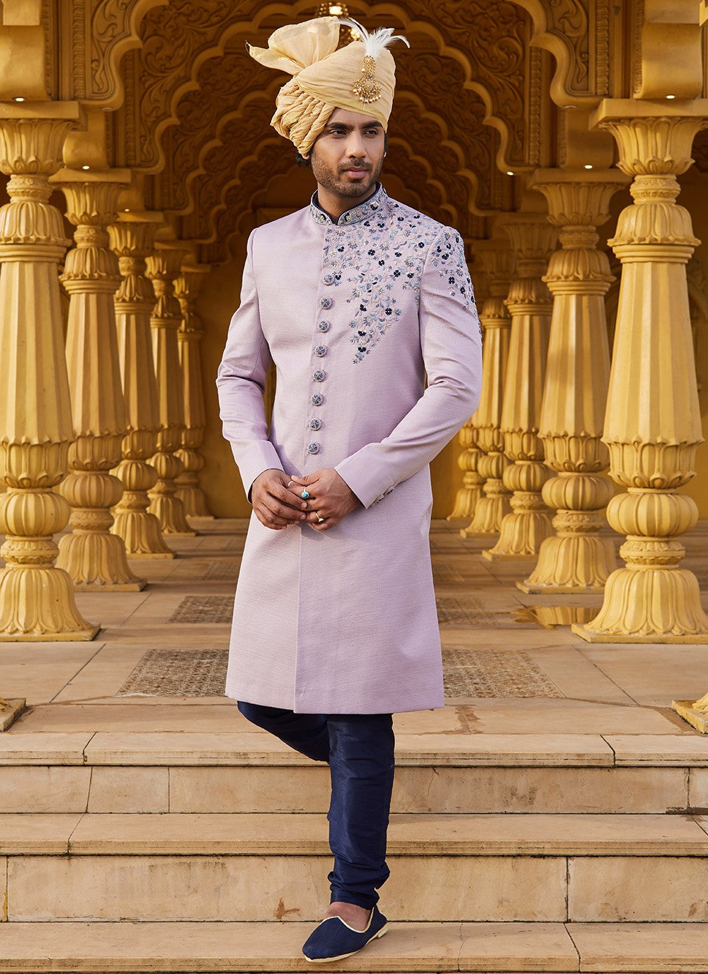 Embroidered Art Silk Lavender Sherwani - M6091