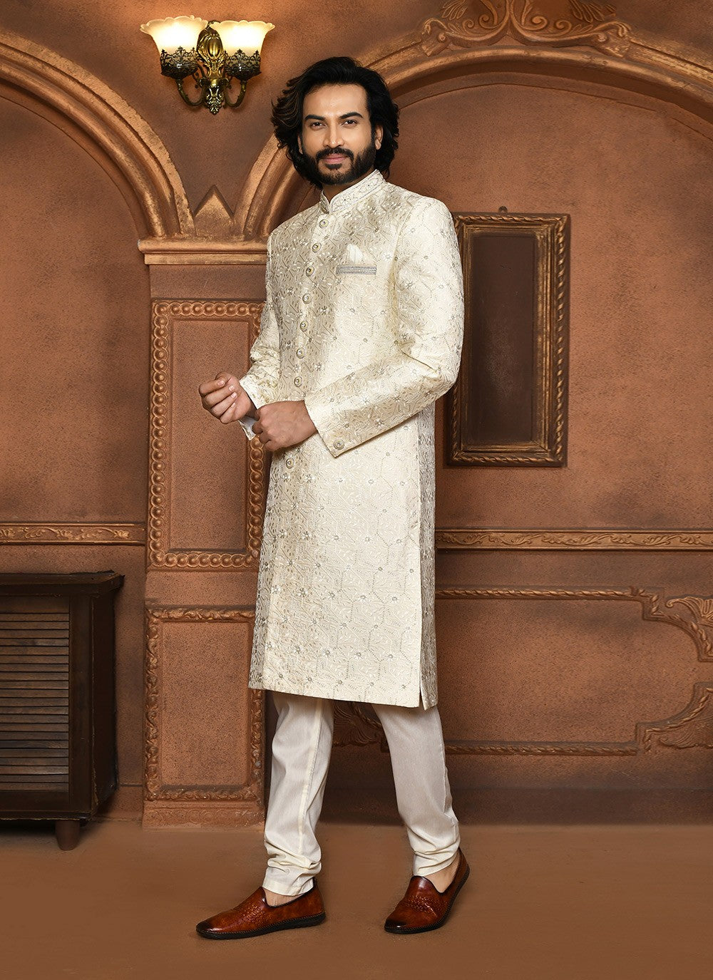 Embroidered Art Silk Off White Sherwani - M8052