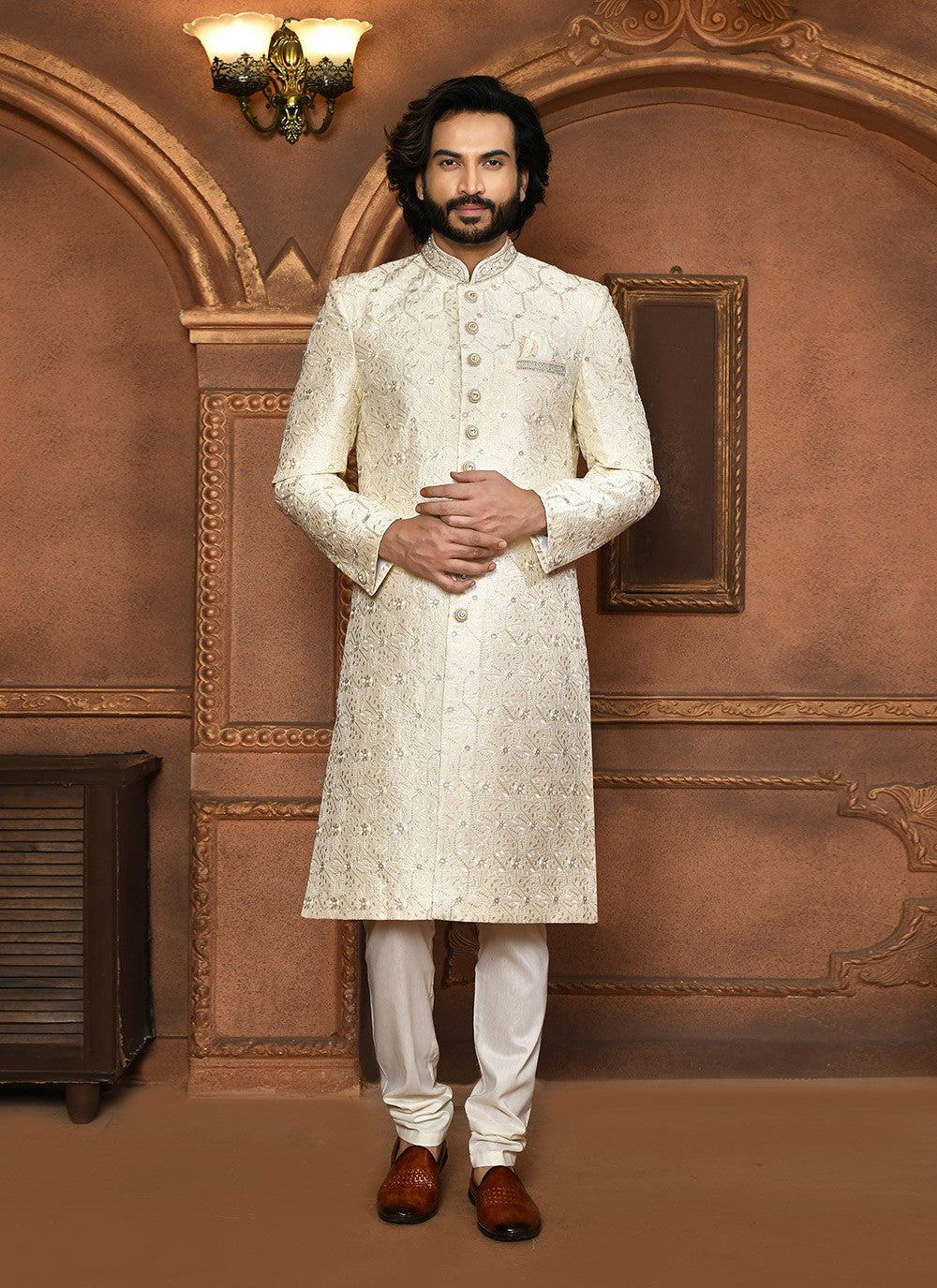 Embroidered Art Silk Off White Sherwani - M8052