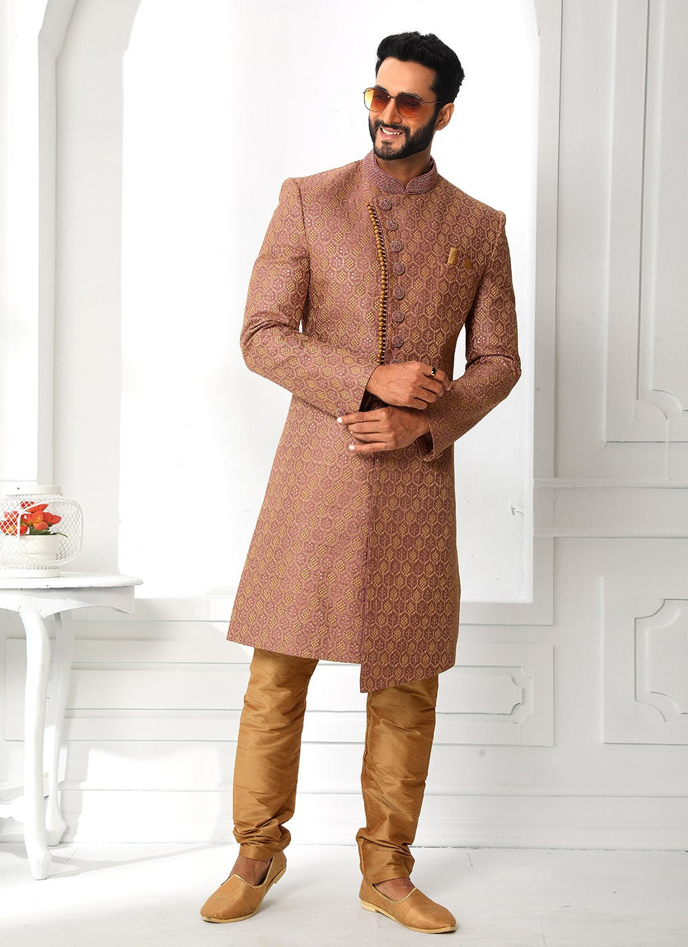Machine Embroidery Art Silk Maroon Sherwani - M4137