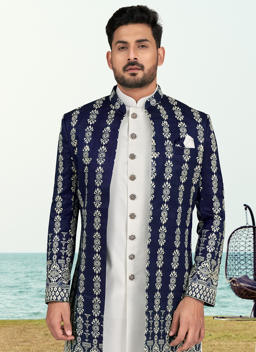 Machine Embroidery Banarasi Silk Navy Blue, Off White Sherwani - M6775