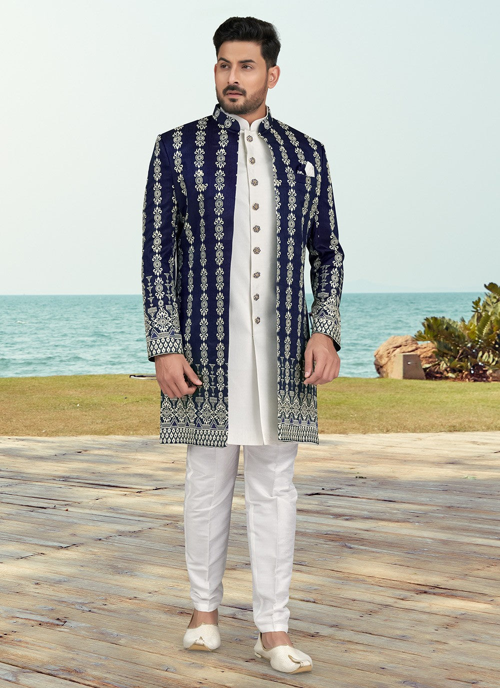 Machine Embroidery Banarasi Silk Navy Blue, Off White Sherwani - M6775