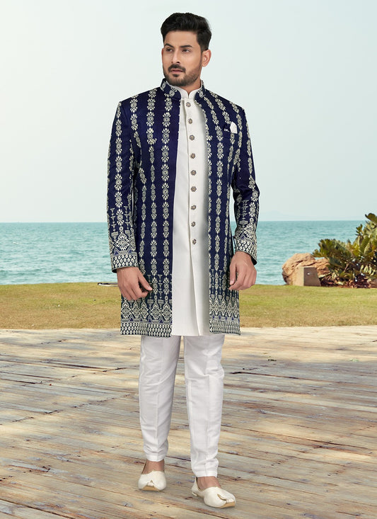 Machine Embroidery Banarasi Silk Navy Blue, Off White Sherwani - M6775