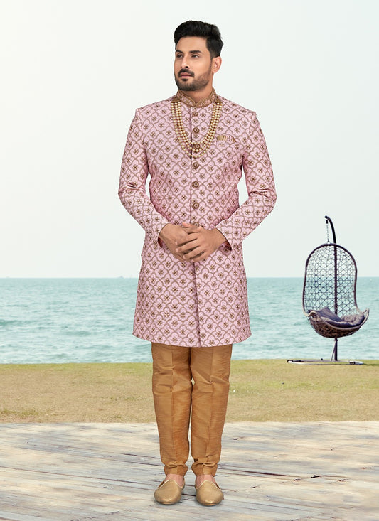 Machine Embroidery Silk Pink Sherwani - M6796