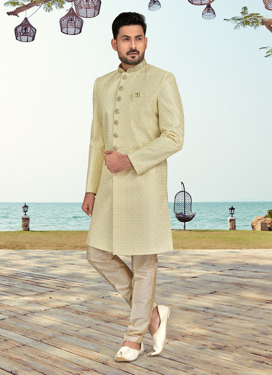 Machine Embroidery Silk Yellow Sherwani - M6790