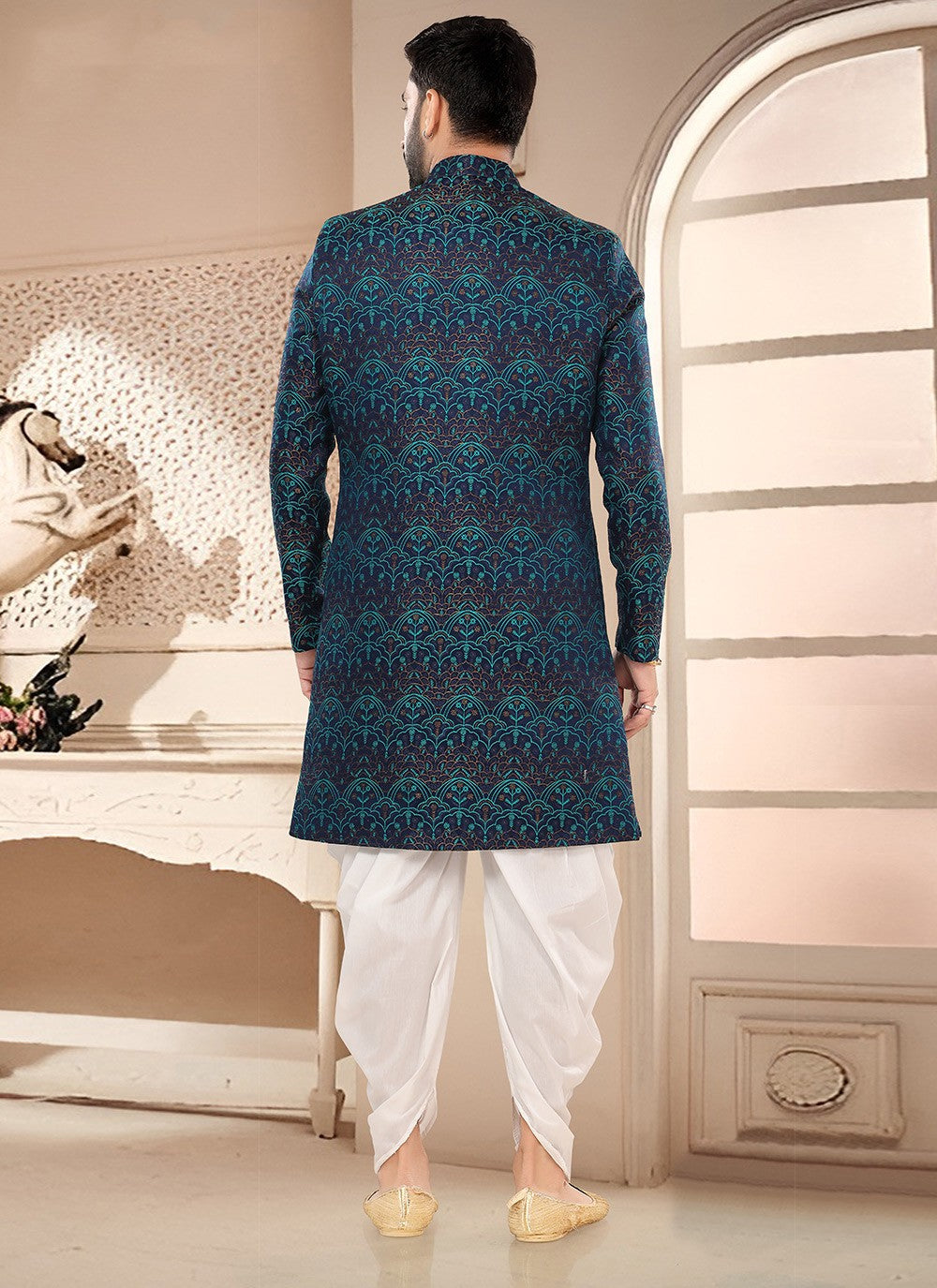 Printed Jacquard Blue, Teal Sherwani - M7572