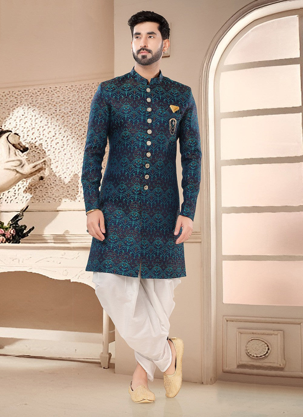 Printed Jacquard Blue, Teal Sherwani - M7572