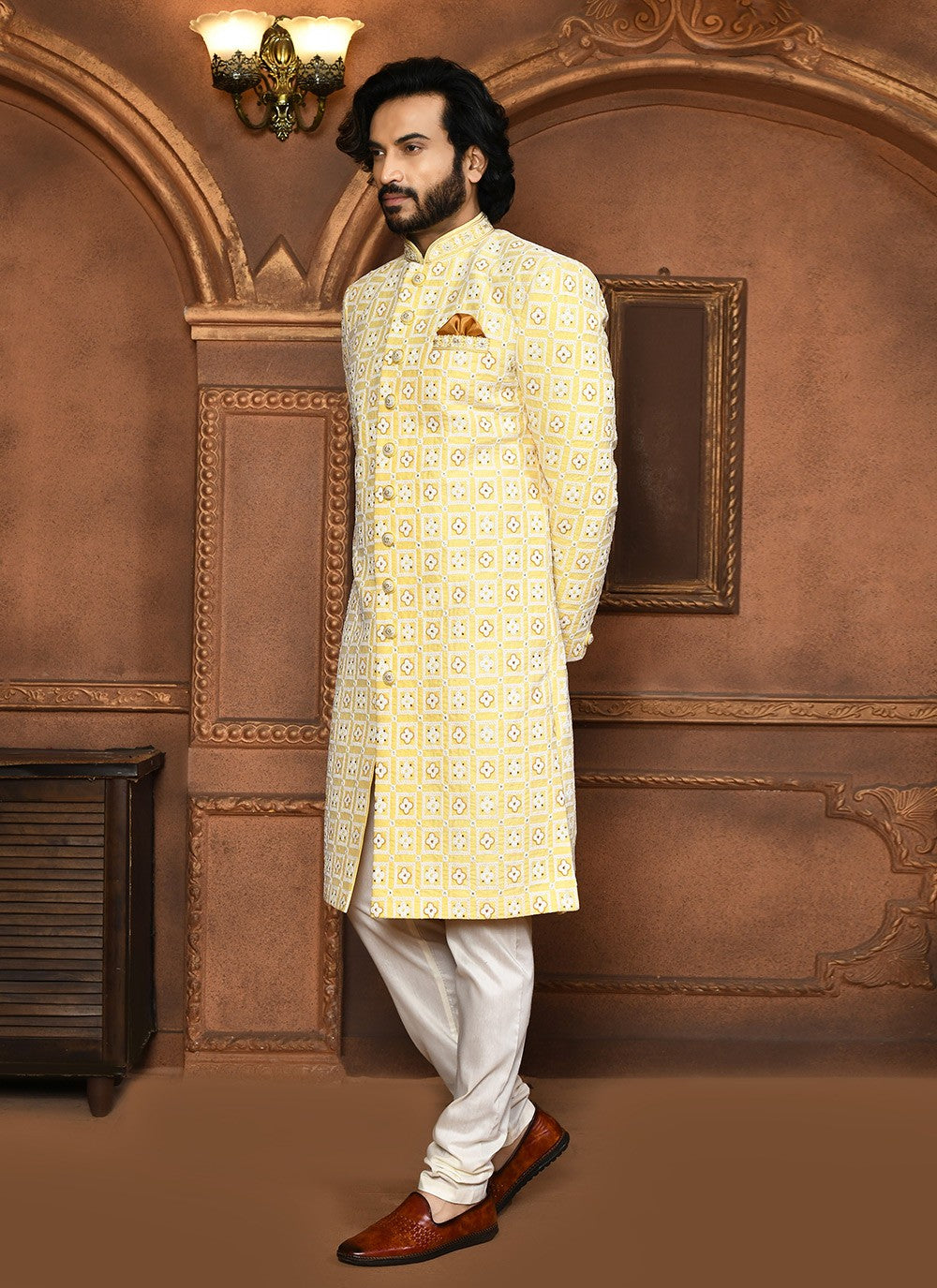 Embroidered Art Silk Yellow Sherwani - M8057
