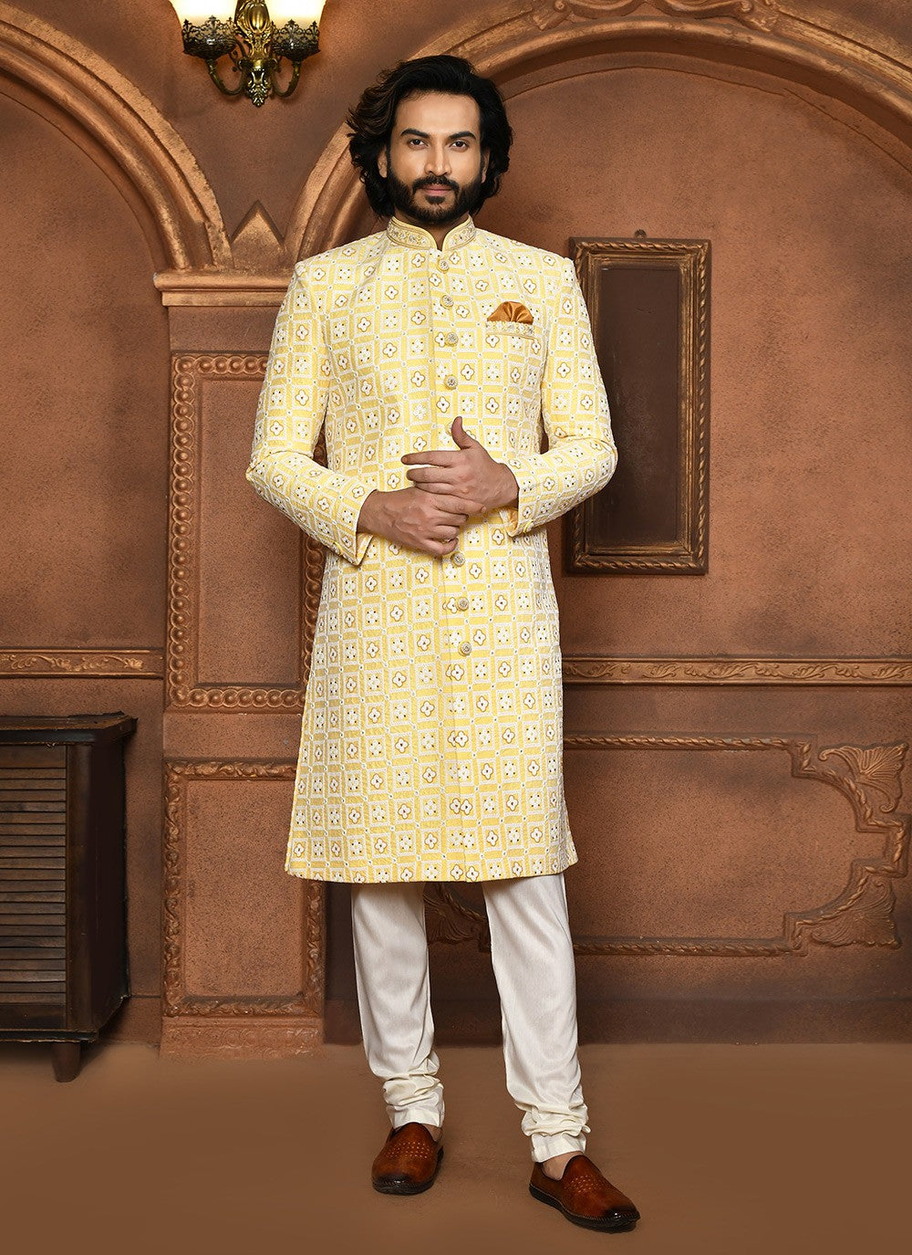Embroidered Art Silk Yellow Sherwani - M8057