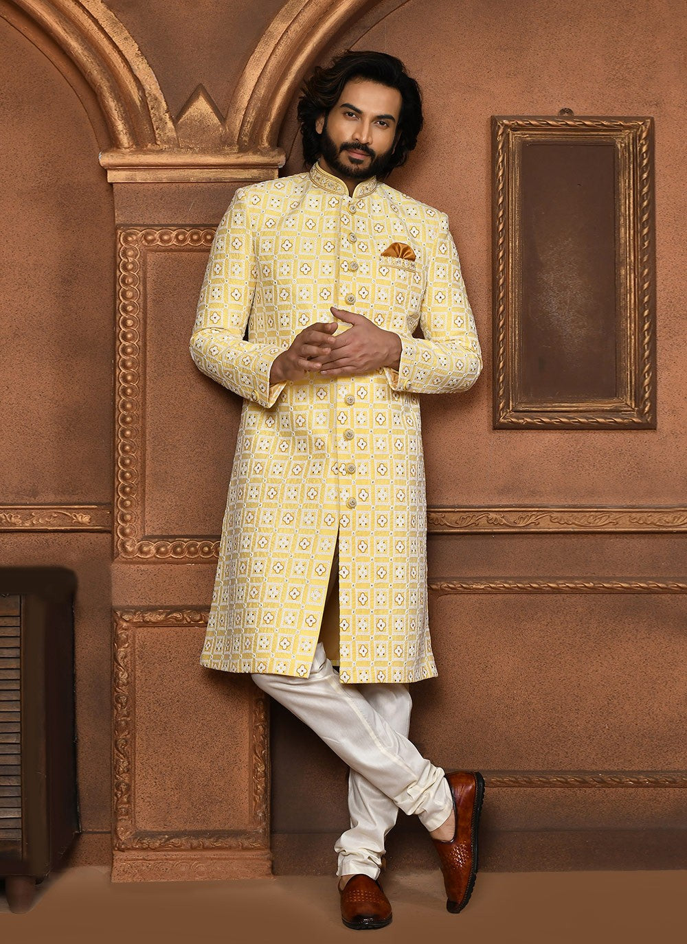 Embroidered Art Silk Yellow Sherwani - M8057