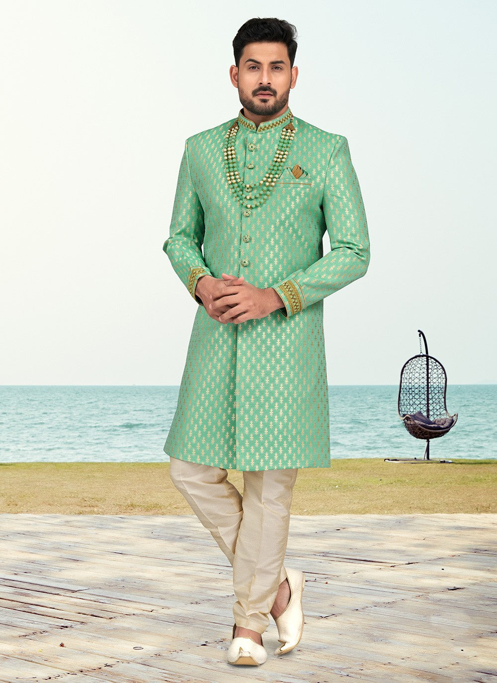 Buttons Banarasi Jacquard Sea Green Sherwani - M6595