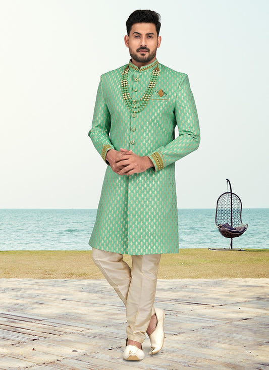 Buttons Banarasi Jacquard Sea Green Sherwani - M6595