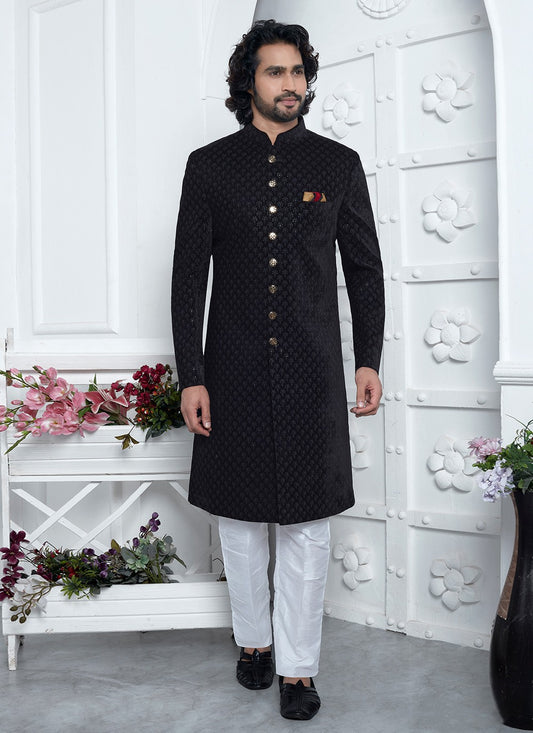 Machine Embroidery Silk, Velvet Black Sherwani - M8260