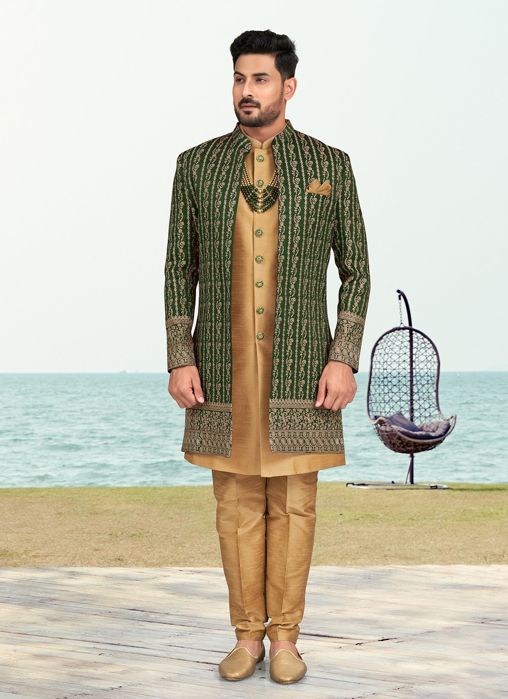 Machine Embroidery Banarasi Silk Brown, Green Sherwani - M6770