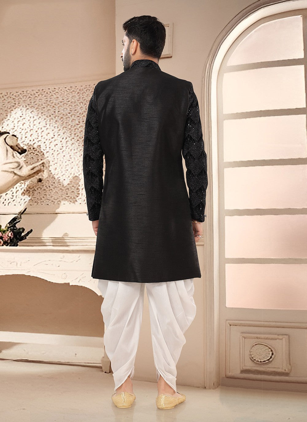 Embroidered Silk Black Sherwani - M7581