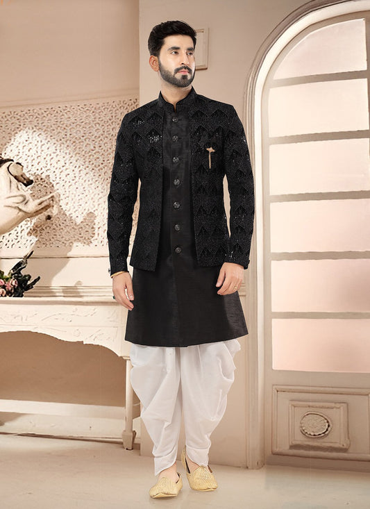 Embroidered Silk Black Sherwani - M7581