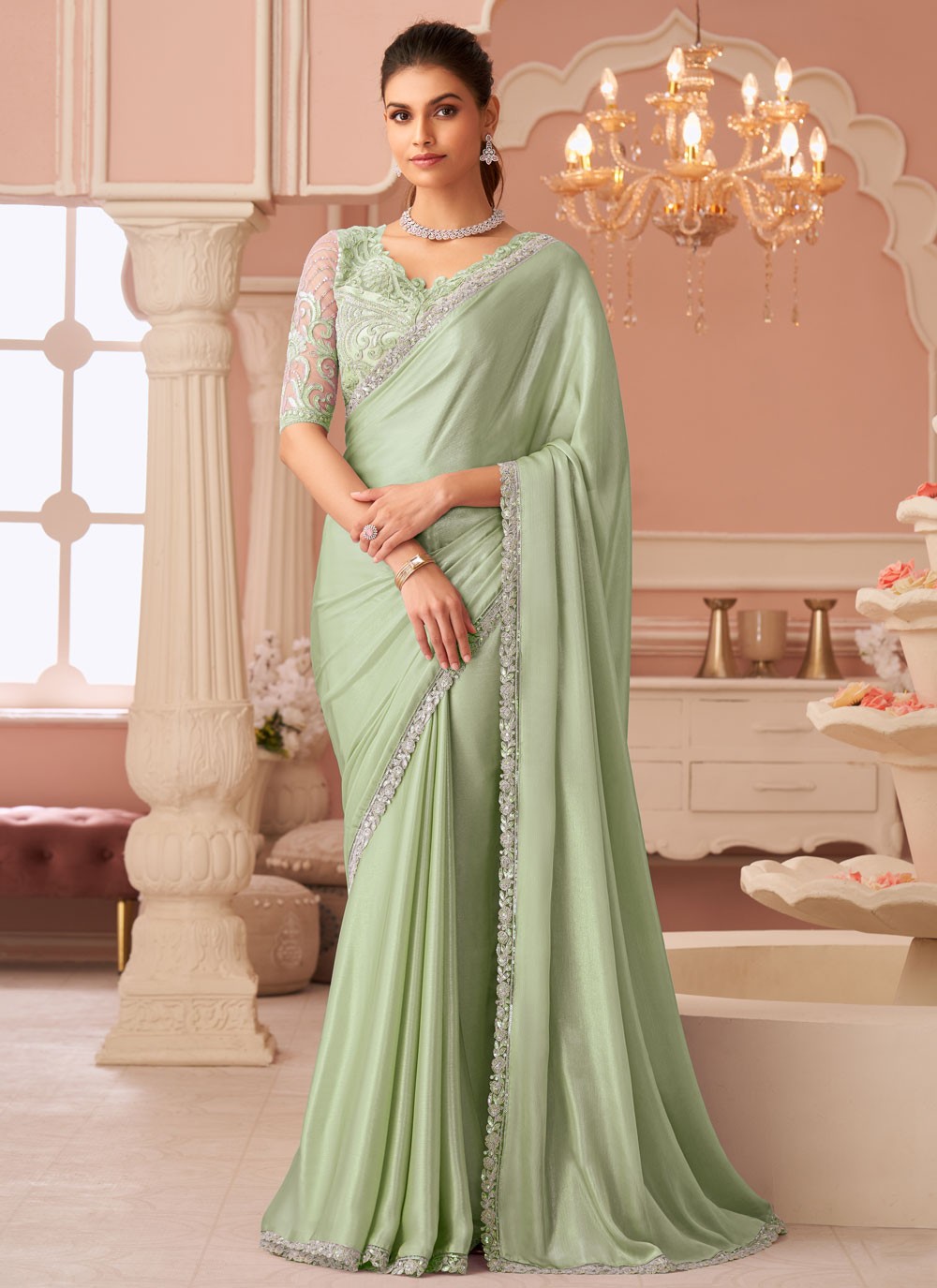 Green Chiffon Classic Saree Border Work, Embroidered, Zari S19111