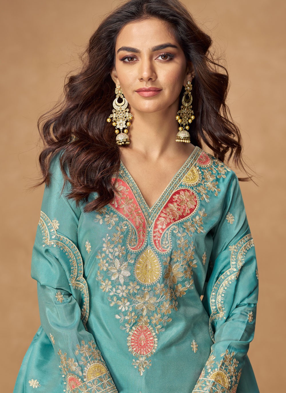 Palazzo Suit Embroidered, Zari Blue T7880