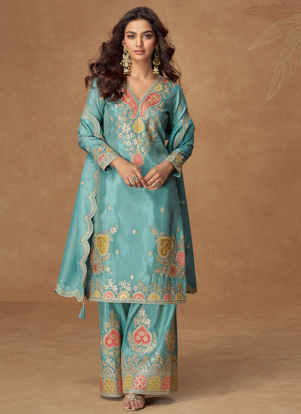 Palazzo Suit Embroidered, Zari Blue T7880