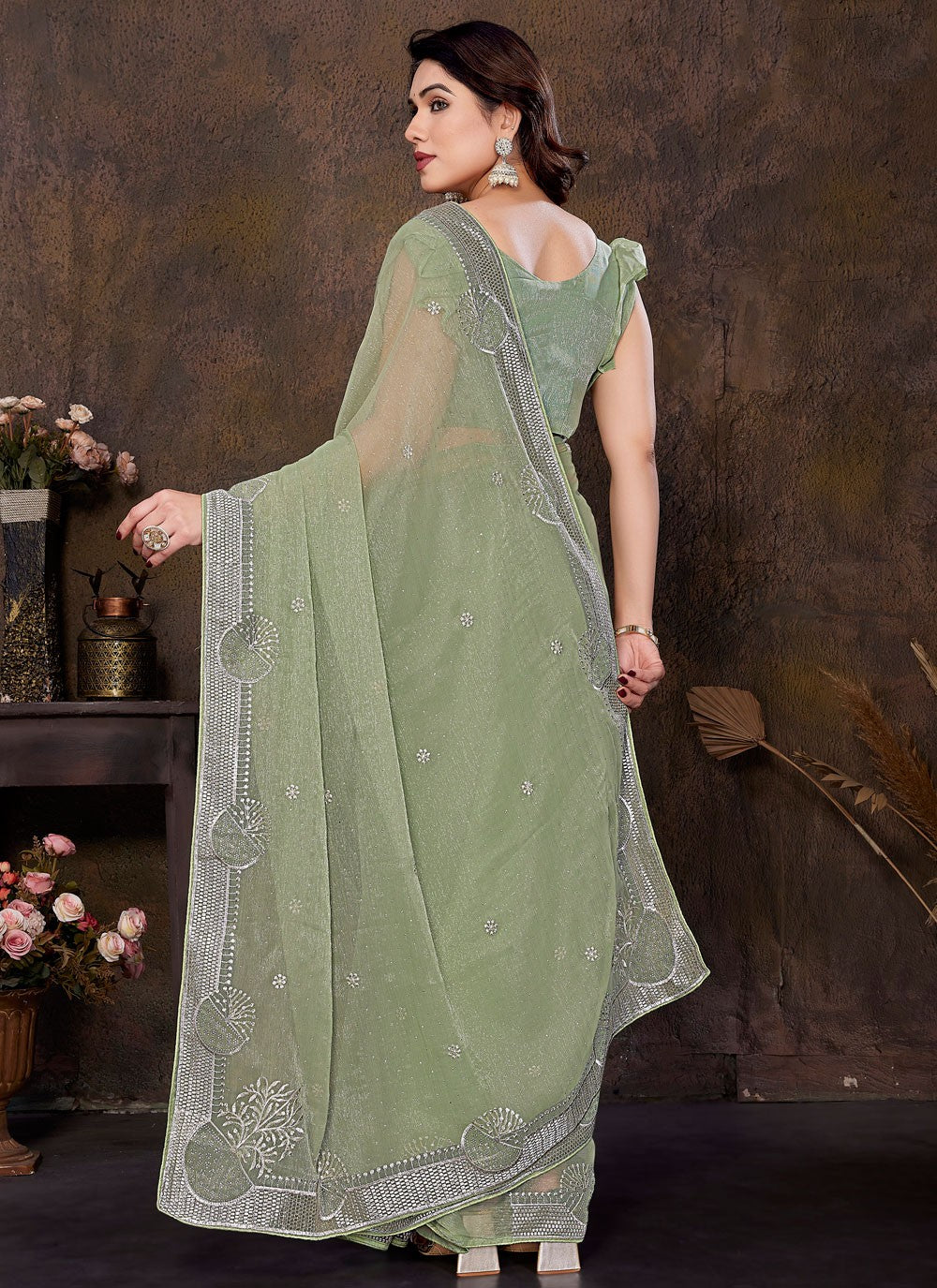 Embroidered Shimmer Green Contemporary Saree S14999
