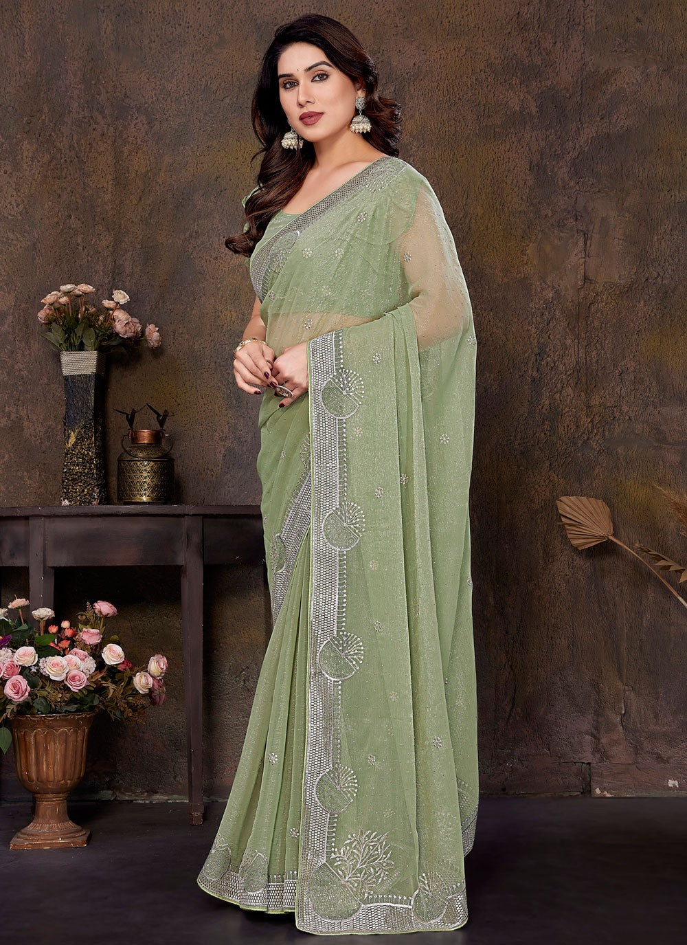 Embroidered Shimmer Green Contemporary Saree S14999