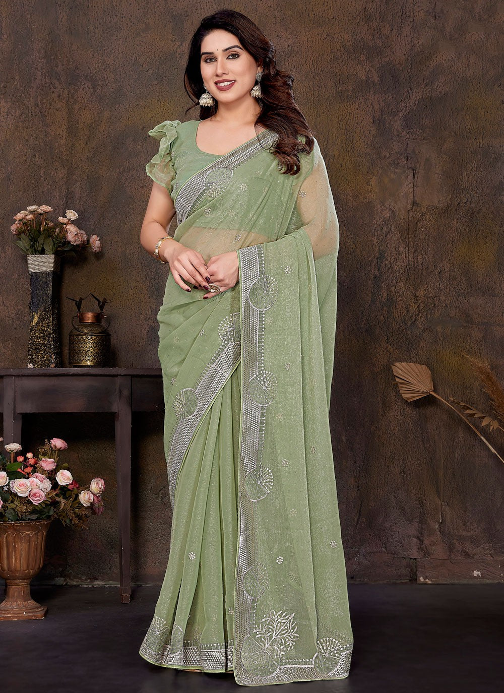Embroidered Shimmer Green Contemporary Saree S14999