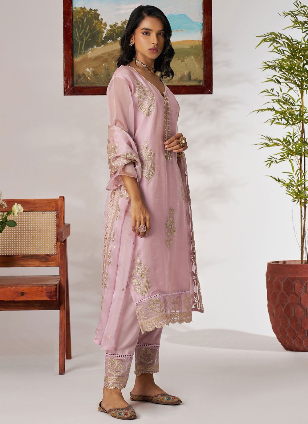 Pant Style Suit Beads Lavender, Pink Organza T5911