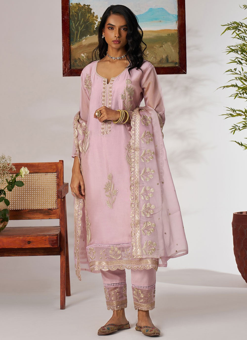 Pant Style Suit Beads Lavender, Pink Organza T5911