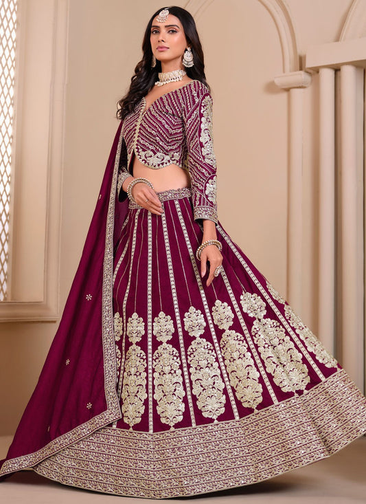 Embroidered Art Silk, Shimmer Hot Pink, Maroon Lehenga - L3273