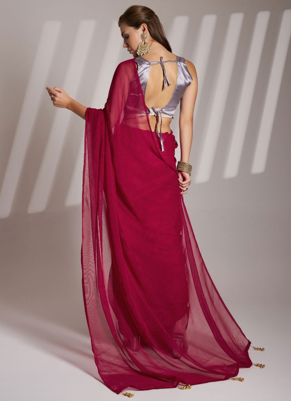 Plain Shimmer Hot Pink Saree S13795