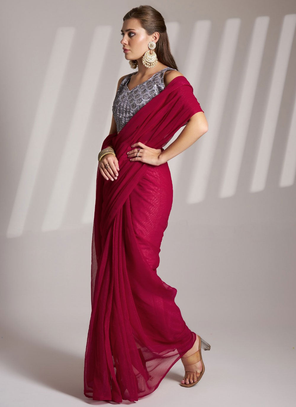 Plain Shimmer Hot Pink Saree S13795