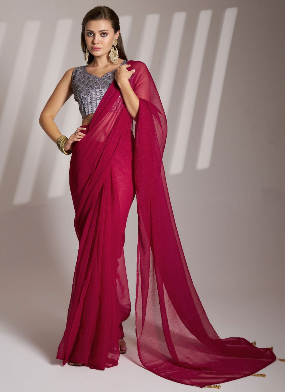 Plain Shimmer Hot Pink Saree S13795