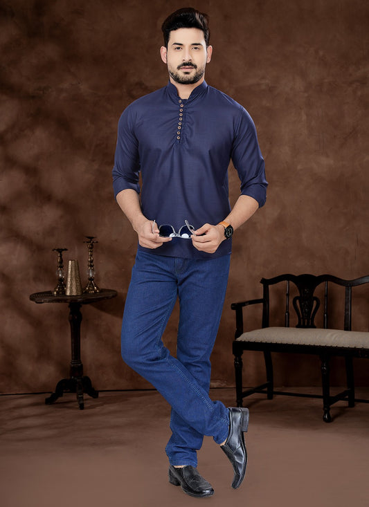 Plain Cotton Blue Short Kurta - M6494