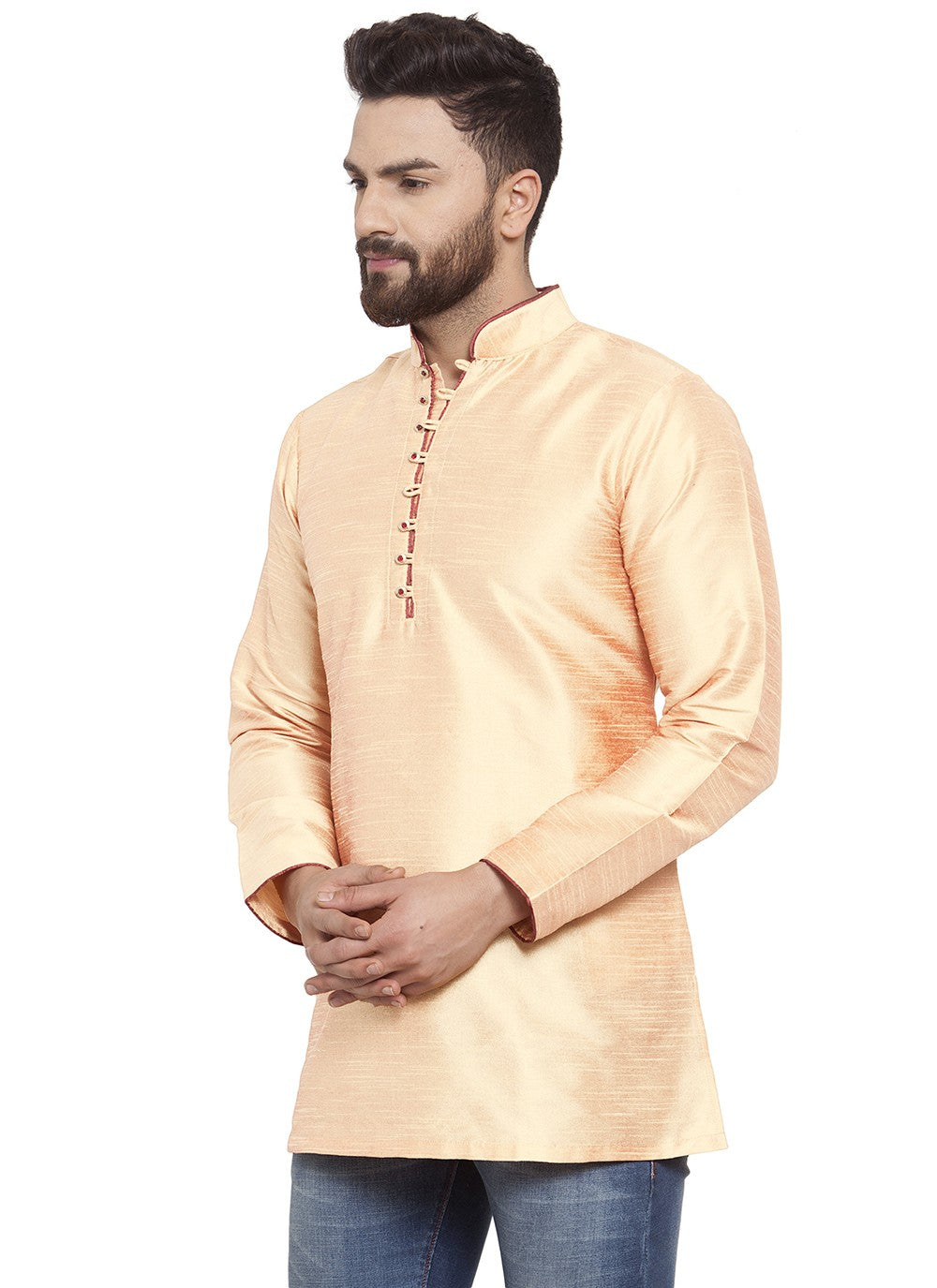 Plain Dupion Silk Yellow Short Kurta - M5714