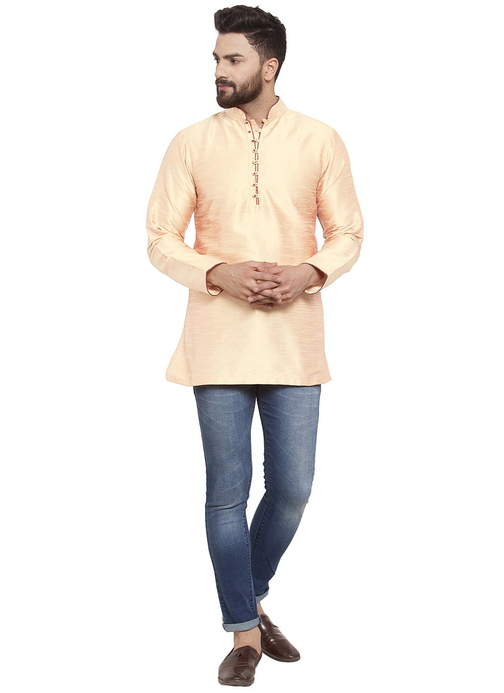 Plain Dupion Silk Yellow Short Kurta - M5714