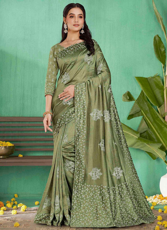 Bollywood Style Abstract Print Green Silk Saree S13215