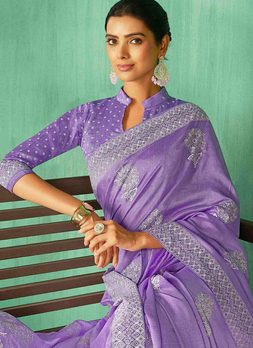 Bollywood Style Abstract Print Purple Silk Saree S13223