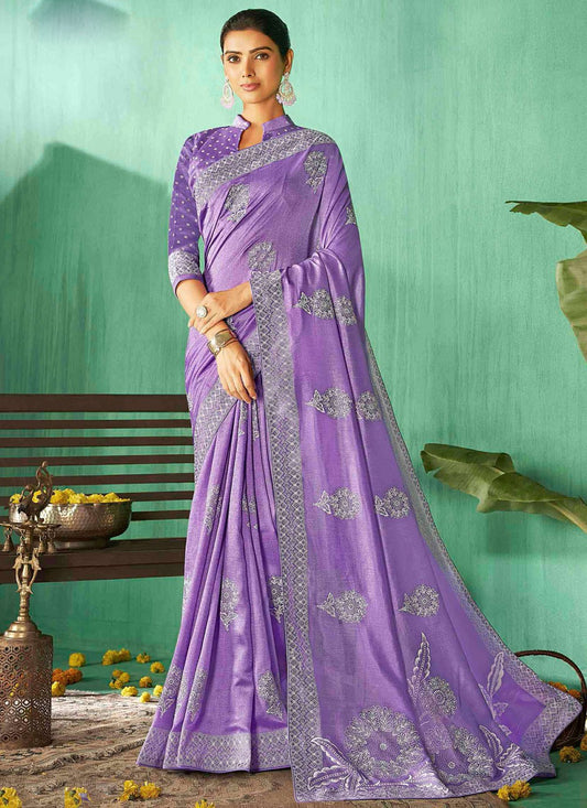 Bollywood Style Abstract Print Purple Silk Saree S13223