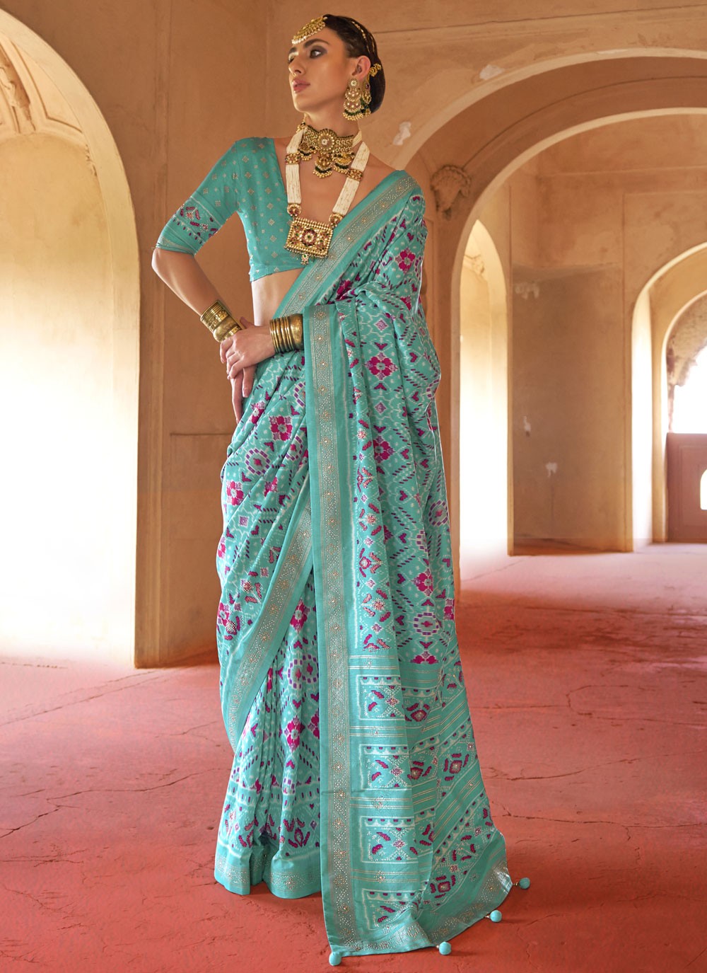 Aqua Blue Silk Classic Saree Patola Print S18272