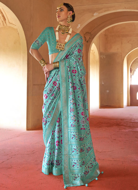 Aqua Blue Silk Classic Saree Patola Print S18272