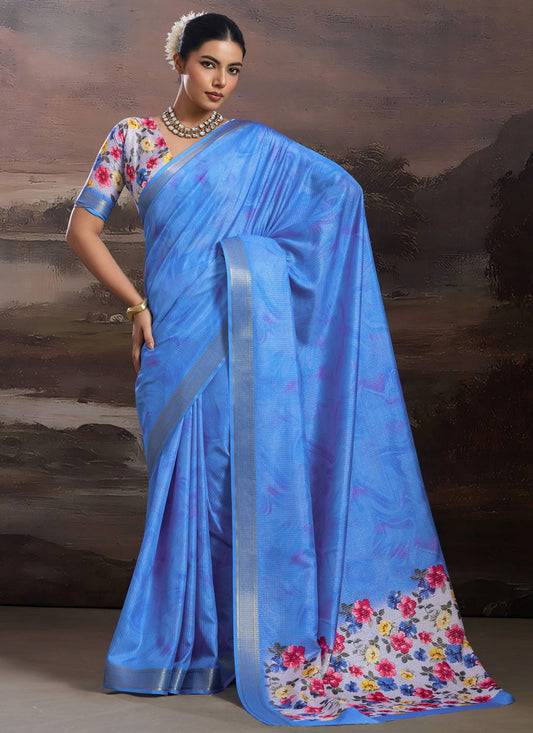 Aqua Blue Silk Contemporary Saree Floral Printed S19542
